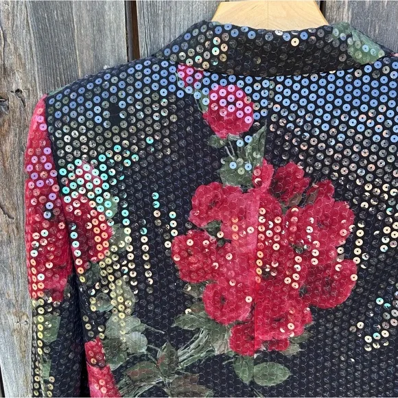 Escada Vintage Y2K Sequin Embellished Floral Blazer Jacket Black Red 38